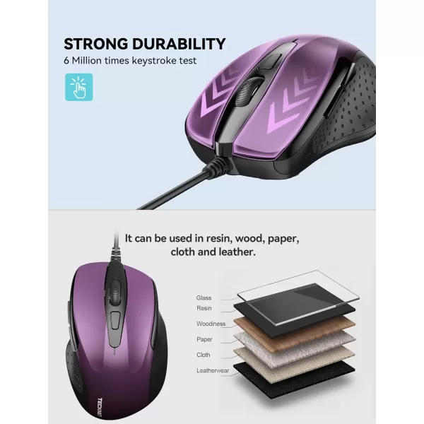TECKNET USB Wired Mouse 6Button Corded Mouse with 4 Adjustable DPI Optical Computer Mouse with Ergonomic Design and 5FT Cord for Laptop Chromebook PC Desktop Mac NotebookGrayPurple