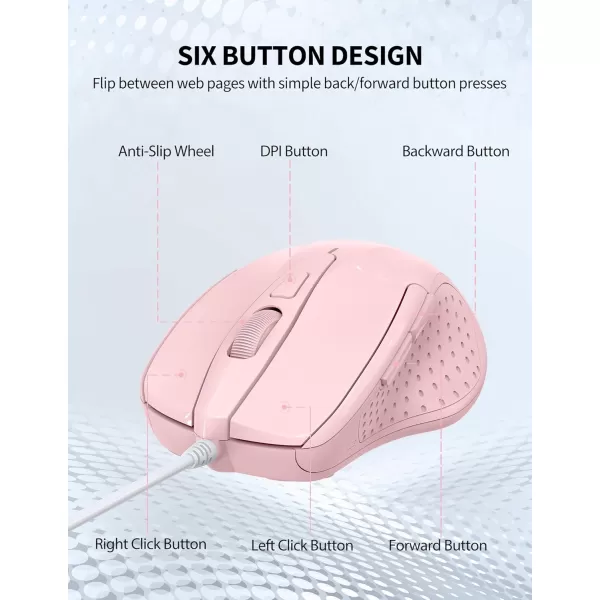 TECKNET USB Wired Mouse 6Button Corded Mouse with 4 Adjustable DPI Optical Computer Mouse with Ergonomic Design and 5FT Cord for Laptop Chromebook PC Desktop Mac NotebookGrayPink