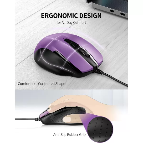 TECKNET USB Wired Mouse 6Button Corded Mouse with 4 Adjustable DPI Optical Computer Mouse with Ergonomic Design and 5FT Cord for Laptop Chromebook PC Desktop Mac NotebookGrayPurple