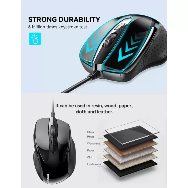 TECKNET USB Wired Mouse 6Button Corded Mouse with 4 Adjustable DPI Optical Computer Mouse with Ergonomic Design and 5FT Cord for Laptop Chromebook PC Desktop Mac NotebookGrayBlack