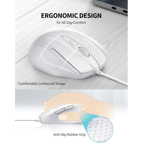TECKNET USB Wired Mouse 6Button Corded Mouse with 4 Adjustable DPI Optical Computer Mouse with Ergonomic Design and 5FT Cord for Laptop Chromebook PC Desktop Mac NotebookGrayLTWhite