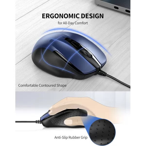 TECKNET USB Wired Mouse 6Button Corded Mouse with 4 Adjustable DPI Optical Computer Mouse with Ergonomic Design and 5FT Cord for Laptop Chromebook PC Desktop Mac NotebookGrayBlue