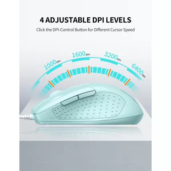 TECKNET USB Wired Mouse 6Button Corded Mouse with 4 Adjustable DPI Optical Computer Mouse with Ergonomic Design and 5FT Cord for Laptop Chromebook PC Desktop Mac NotebookGrayLTGreen