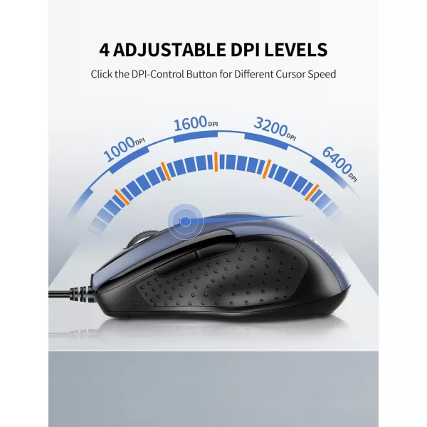TECKNET USB Wired Mouse 6Button Corded Mouse with 4 Adjustable DPI Optical Computer Mouse with Ergonomic Design and 5FT Cord for Laptop Chromebook PC Desktop Mac NotebookGrayBlue