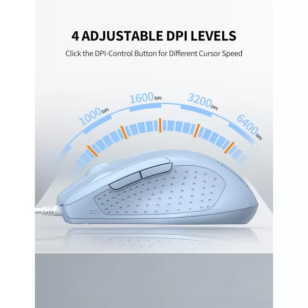 TECKNET USB Wired Mouse 6Button Corded Mouse with 4 Adjustable DPI Optical Computer Mouse with Ergonomic Design and 5FT Cord for Laptop Chromebook PC Desktop Mac NotebookGrayLTBlue
