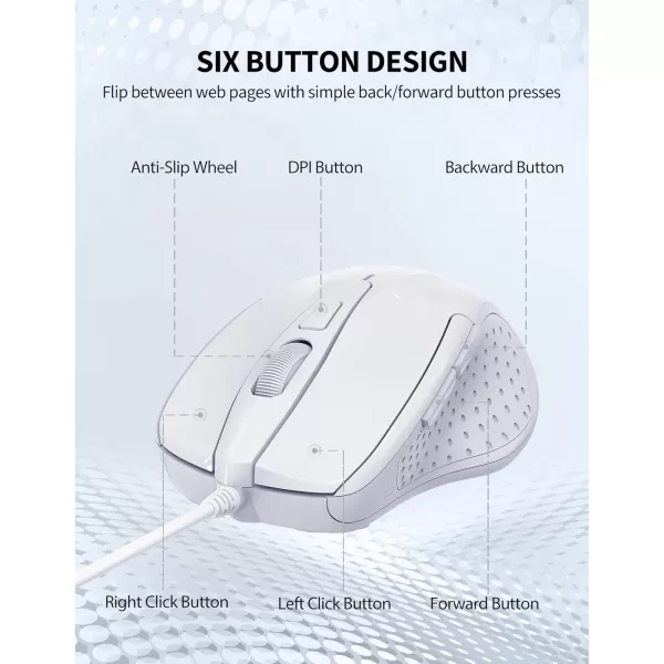 TECKNET USB Wired Mouse 6Button Corded Mouse with 4 Adjustable DPI Optical Computer Mouse with Ergonomic Design and 5FT Cord for Laptop Chromebook PC Desktop Mac NotebookGrayLTWhite