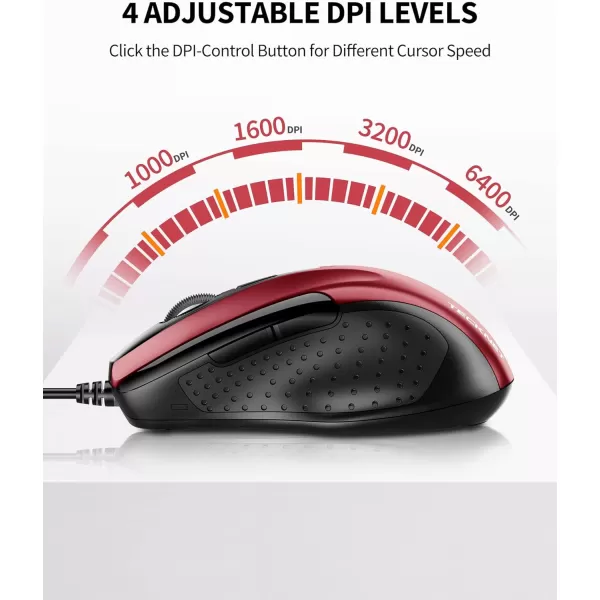 TECKNET USB Wired Mouse 6Button Corded Mouse with 4 Adjustable DPI Optical Computer Mouse with Ergonomic Design and 5FT Cord for Laptop Chromebook PC Desktop Mac NotebookGrayRed