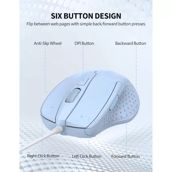 TECKNET USB Wired Mouse 6Button Corded Mouse with 4 Adjustable DPI Optical Computer Mouse with Ergonomic Design and 5FT Cord for Laptop Chromebook PC Desktop Mac NotebookGrayLTBlue