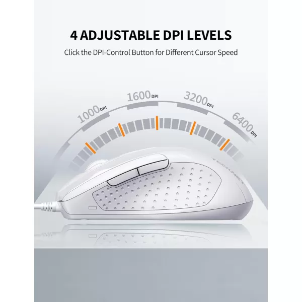 TECKNET USB Wired Mouse 6Button Corded Mouse with 4 Adjustable DPI Optical Computer Mouse with Ergonomic Design and 5FT Cord for Laptop Chromebook PC Desktop Mac NotebookGrayLTWhite