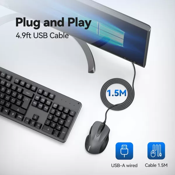 TECKNET USB Wired Mouse 6Button Corded Mouse with 4 Adjustable DPI Optical Computer Mouse with Ergonomic Design and 5FT Cord for Laptop Chromebook PC Desktop Mac NotebookGrayGRAY