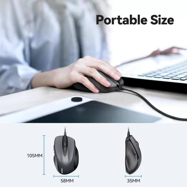 TECKNET USB Wired Mouse 6Button Corded Mouse with 4 Adjustable DPI Optical Computer Mouse with Ergonomic Design and 5FT Cord for Laptop Chromebook PC Desktop Mac NotebookGrayGRAY