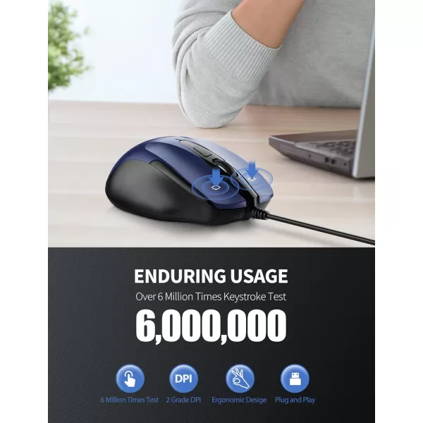 TECKNET USB Wired Mouse 6Button Corded Mouse with 4 Adjustable DPI Optical Computer Mouse with Ergonomic Design and 5FT Cord for Laptop Chromebook PC Desktop Mac NotebookGrayBlue