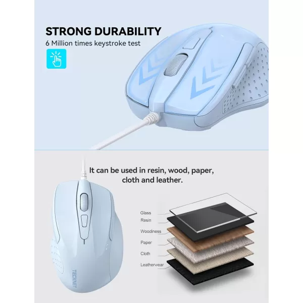 TECKNET USB Wired Mouse 6Button Corded Mouse with 4 Adjustable DPI Optical Computer Mouse with Ergonomic Design and 5FT Cord for Laptop Chromebook PC Desktop Mac NotebookGrayLTBlue