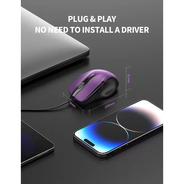 TECKNET USB Wired Mouse 6Button Corded Mouse with 4 Adjustable DPI Optical Computer Mouse with Ergonomic Design and 5FT Cord for Laptop Chromebook PC Desktop Mac NotebookGrayPurple