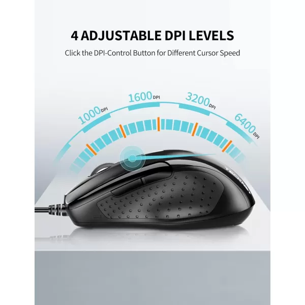 TECKNET USB Wired Mouse 6Button Corded Mouse with 4 Adjustable DPI Optical Computer Mouse with Ergonomic Design and 5FT Cord for Laptop Chromebook PC Desktop Mac NotebookGrayBlack