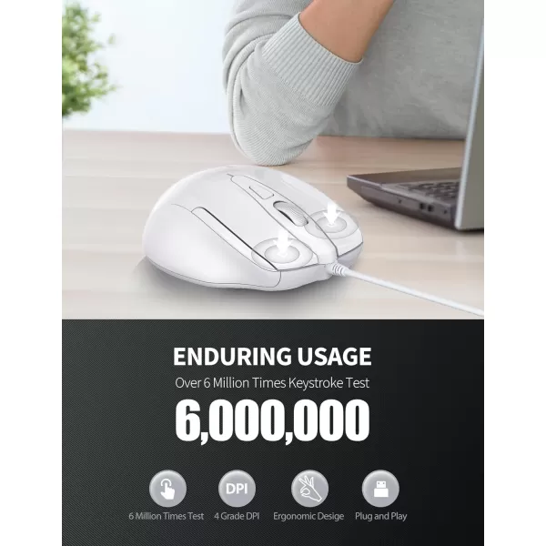 TECKNET USB Wired Mouse 6Button Corded Mouse with 4 Adjustable DPI Optical Computer Mouse with Ergonomic Design and 5FT Cord for Laptop Chromebook PC Desktop Mac NotebookGrayLTWhite