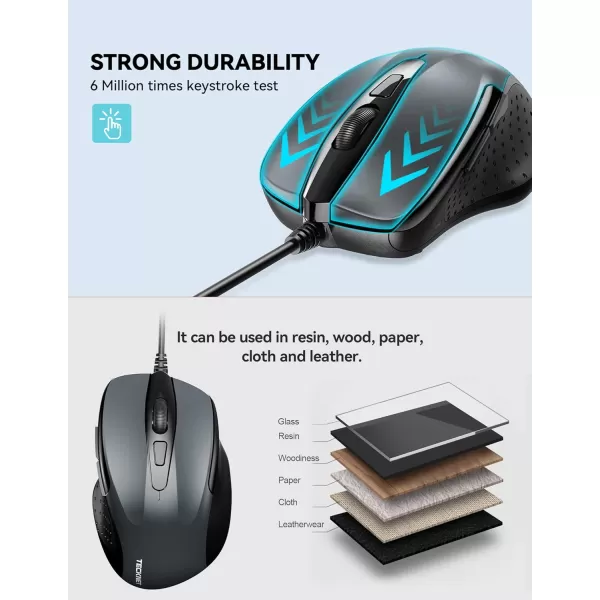 TECKNET USB Wired Mouse 6Button Corded Mouse with 4 Adjustable DPI Optical Computer Mouse with Ergonomic Design and 5FT Cord for Laptop Chromebook PC Desktop Mac NotebookGrayGRAY