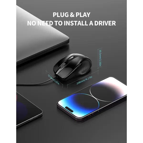 TECKNET USB Wired Mouse 6Button Corded Mouse with 4 Adjustable DPI Optical Computer Mouse with Ergonomic Design and 5FT Cord for Laptop Chromebook PC Desktop Mac NotebookGrayBlack