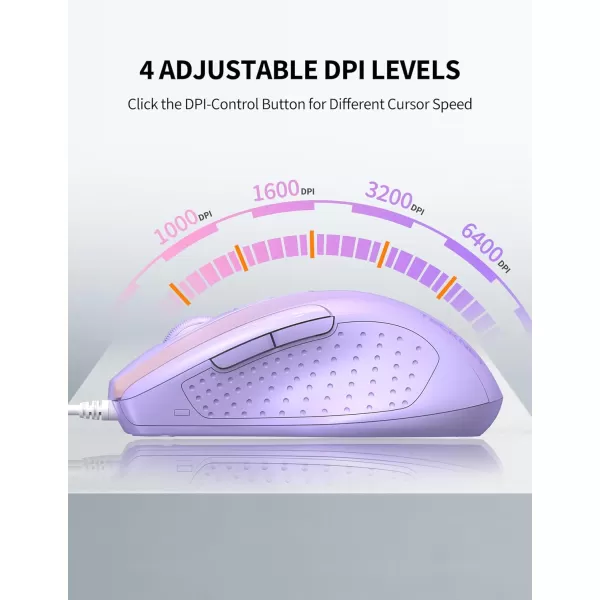 TECKNET USB Wired Mouse 6Button Corded Mouse with 4 Adjustable DPI Optical Computer Mouse with Ergonomic Design and 5FT Cord for Laptop Chromebook PC Desktop Mac NotebookGrayGradient Lavender