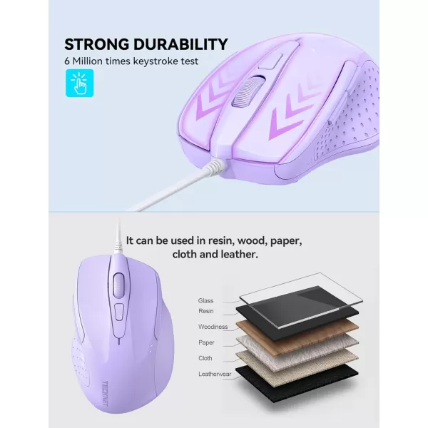 TECKNET USB Wired Mouse 6Button Corded Mouse with 4 Adjustable DPI Optical Computer Mouse with Ergonomic Design and 5FT Cord for Laptop Chromebook PC Desktop Mac NotebookGrayLTPurple