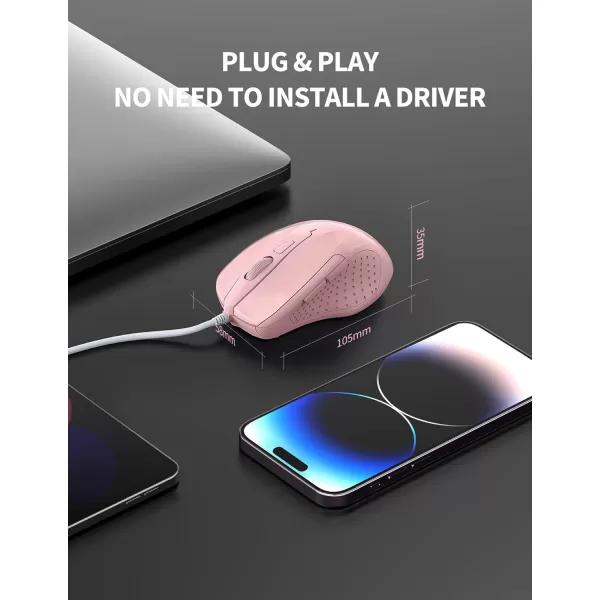 TECKNET USB Wired Mouse 6Button Corded Mouse with 4 Adjustable DPI Optical Computer Mouse with Ergonomic Design and 5FT Cord for Laptop Chromebook PC Desktop Mac NotebookGrayPink