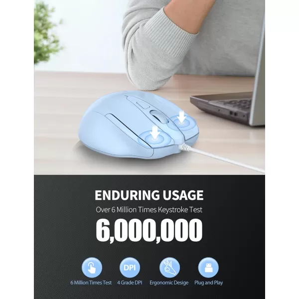 TECKNET USB Wired Mouse 6Button Corded Mouse with 4 Adjustable DPI Optical Computer Mouse with Ergonomic Design and 5FT Cord for Laptop Chromebook PC Desktop Mac NotebookGrayLTBlue