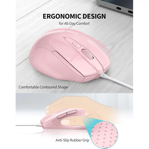 TECKNET USB Wired Mouse 6Button Corded Mouse with 4 Adjustable DPI Optical Computer Mouse with Ergonomic Design and 5FT Cord for Laptop Chromebook PC Desktop Mac NotebookGrayPink