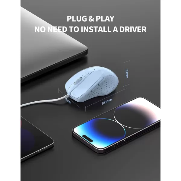 TECKNET USB Wired Mouse 6Button Corded Mouse with 4 Adjustable DPI Optical Computer Mouse with Ergonomic Design and 5FT Cord for Laptop Chromebook PC Desktop Mac NotebookGrayLTBlue