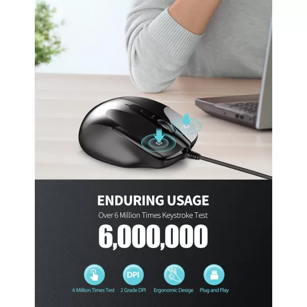 TECKNET USB Wired Mouse 6Button Corded Mouse with 4 Adjustable DPI Optical Computer Mouse with Ergonomic Design and 5FT Cord for Laptop Chromebook PC Desktop Mac NotebookGrayBlack