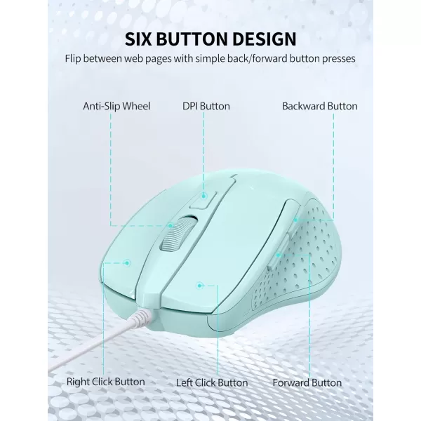 TECKNET USB Wired Mouse 6Button Corded Mouse with 4 Adjustable DPI Optical Computer Mouse with Ergonomic Design and 5FT Cord for Laptop Chromebook PC Desktop Mac NotebookGrayLTGreen