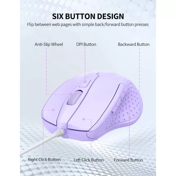 TECKNET USB Wired Mouse 6Button Corded Mouse with 4 Adjustable DPI Optical Computer Mouse with Ergonomic Design and 5FT Cord for Laptop Chromebook PC Desktop Mac NotebookGrayLTPurple