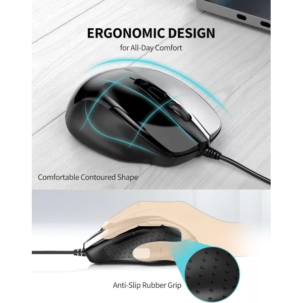 TECKNET USB Wired Mouse 6Button Corded Mouse with 4 Adjustable DPI Optical Computer Mouse with Ergonomic Design and 5FT Cord for Laptop Chromebook PC Desktop Mac NotebookGrayBlack