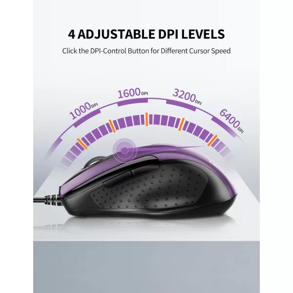 TECKNET USB Wired Mouse 6Button Corded Mouse with 4 Adjustable DPI Optical Computer Mouse with Ergonomic Design and 5FT Cord for Laptop Chromebook PC Desktop Mac NotebookGrayPurple