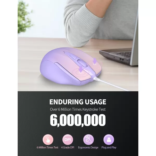 TECKNET USB Wired Mouse 6Button Corded Mouse with 4 Adjustable DPI Optical Computer Mouse with Ergonomic Design and 5FT Cord for Laptop Chromebook PC Desktop Mac NotebookGrayGradient Lavender