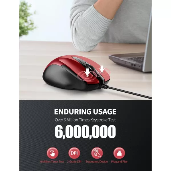 TECKNET USB Wired Mouse 6Button Corded Mouse with 4 Adjustable DPI Optical Computer Mouse with Ergonomic Design and 5FT Cord for Laptop Chromebook PC Desktop Mac NotebookGrayRed