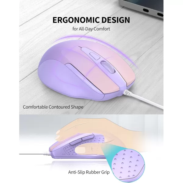 TECKNET USB Wired Mouse 6Button Corded Mouse with 4 Adjustable DPI Optical Computer Mouse with Ergonomic Design and 5FT Cord for Laptop Chromebook PC Desktop Mac NotebookGrayGradient Lavender