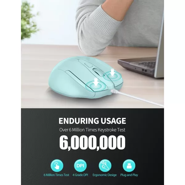TECKNET USB Wired Mouse 6Button Corded Mouse with 4 Adjustable DPI Optical Computer Mouse with Ergonomic Design and 5FT Cord for Laptop Chromebook PC Desktop Mac NotebookGrayLTGreen