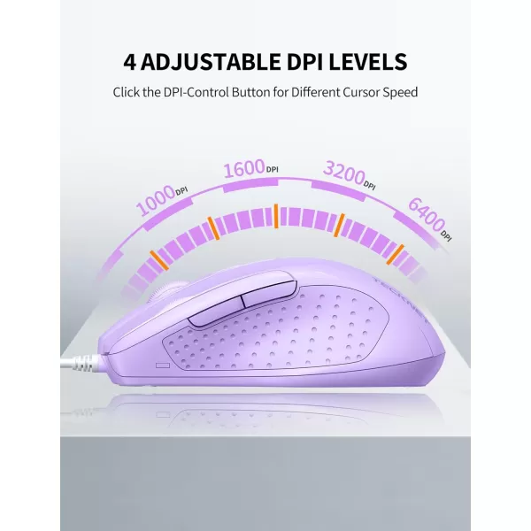 TECKNET USB Wired Mouse 6Button Corded Mouse with 4 Adjustable DPI Optical Computer Mouse with Ergonomic Design and 5FT Cord for Laptop Chromebook PC Desktop Mac NotebookGrayLTPurple