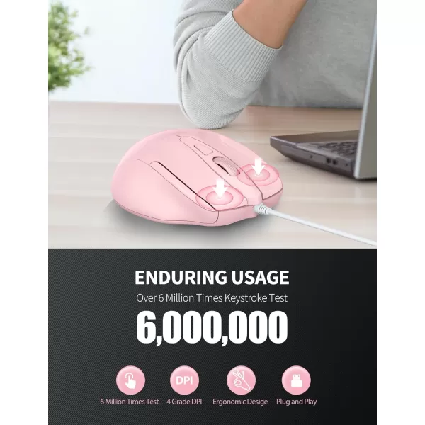 TECKNET USB Wired Mouse 6Button Corded Mouse with 4 Adjustable DPI Optical Computer Mouse with Ergonomic Design and 5FT Cord for Laptop Chromebook PC Desktop Mac NotebookGrayPink