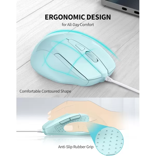 TECKNET USB Wired Mouse 6Button Corded Mouse with 4 Adjustable DPI Optical Computer Mouse with Ergonomic Design and 5FT Cord for Laptop Chromebook PC Desktop Mac NotebookGrayLTGreen