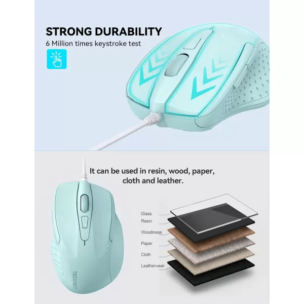 TECKNET USB Wired Mouse 6Button Corded Mouse with 4 Adjustable DPI Optical Computer Mouse with Ergonomic Design and 5FT Cord for Laptop Chromebook PC Desktop Mac NotebookGrayLTGreen