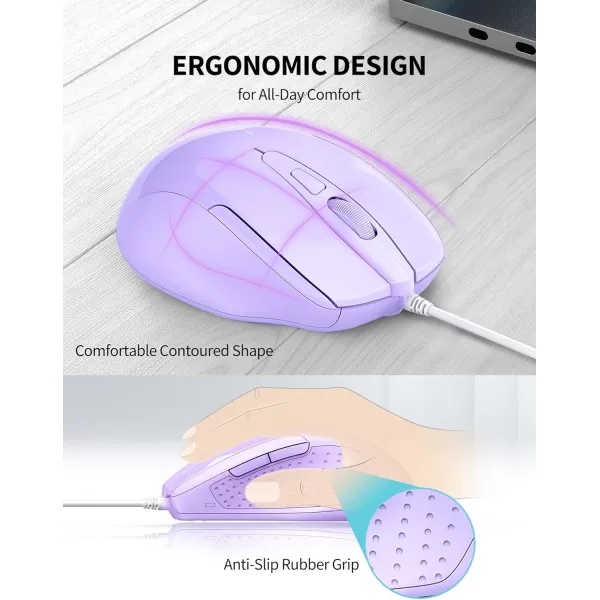 TECKNET USB Wired Mouse 6Button Corded Mouse with 4 Adjustable DPI Optical Computer Mouse with Ergonomic Design and 5FT Cord for Laptop Chromebook PC Desktop Mac NotebookGrayLTPurple