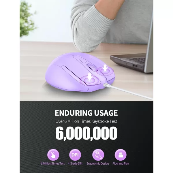 TECKNET USB Wired Mouse 6Button Corded Mouse with 4 Adjustable DPI Optical Computer Mouse with Ergonomic Design and 5FT Cord for Laptop Chromebook PC Desktop Mac NotebookGrayLTPurple