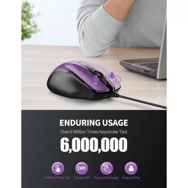 TECKNET USB Wired Mouse 6Button Corded Mouse with 4 Adjustable DPI Optical Computer Mouse with Ergonomic Design and 5FT Cord for Laptop Chromebook PC Desktop Mac NotebookGrayPurple