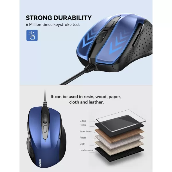TECKNET USB Wired Mouse 6Button Corded Mouse with 4 Adjustable DPI Optical Computer Mouse with Ergonomic Design and 5FT Cord for Laptop Chromebook PC Desktop Mac NotebookGrayBlue