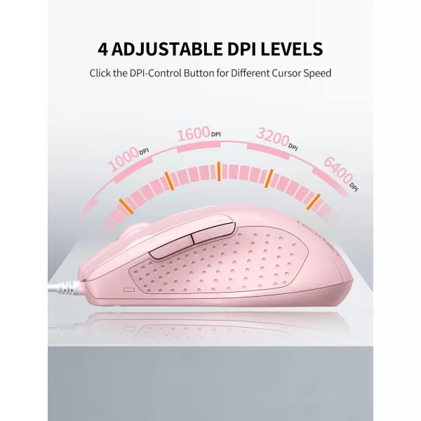 TECKNET USB Wired Mouse 6Button Corded Mouse with 4 Adjustable DPI Optical Computer Mouse with Ergonomic Design and 5FT Cord for Laptop Chromebook PC Desktop Mac NotebookGrayPink