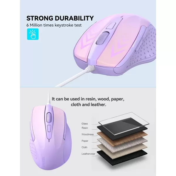 TECKNET USB Wired Mouse 6Button Corded Mouse with 4 Adjustable DPI Optical Computer Mouse with Ergonomic Design and 5FT Cord for Laptop Chromebook PC Desktop Mac NotebookGrayGradient Lavender