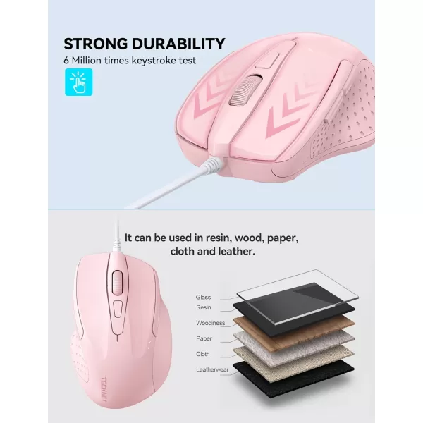 TECKNET USB Wired Mouse 6Button Corded Mouse with 4 Adjustable DPI Optical Computer Mouse with Ergonomic Design and 5FT Cord for Laptop Chromebook PC Desktop Mac NotebookGrayPink