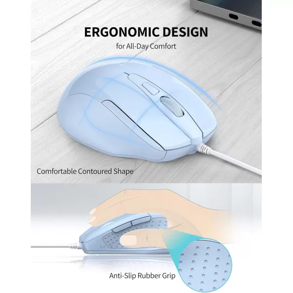 TECKNET USB Wired Mouse 6Button Corded Mouse with 4 Adjustable DPI Optical Computer Mouse with Ergonomic Design and 5FT Cord for Laptop Chromebook PC Desktop Mac NotebookGrayLTBlue