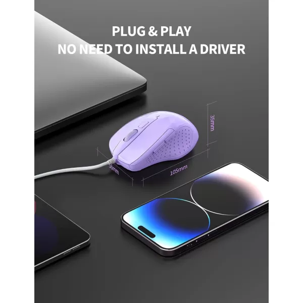 TECKNET USB Wired Mouse 6Button Corded Mouse with 4 Adjustable DPI Optical Computer Mouse with Ergonomic Design and 5FT Cord for Laptop Chromebook PC Desktop Mac NotebookGrayLTPurple